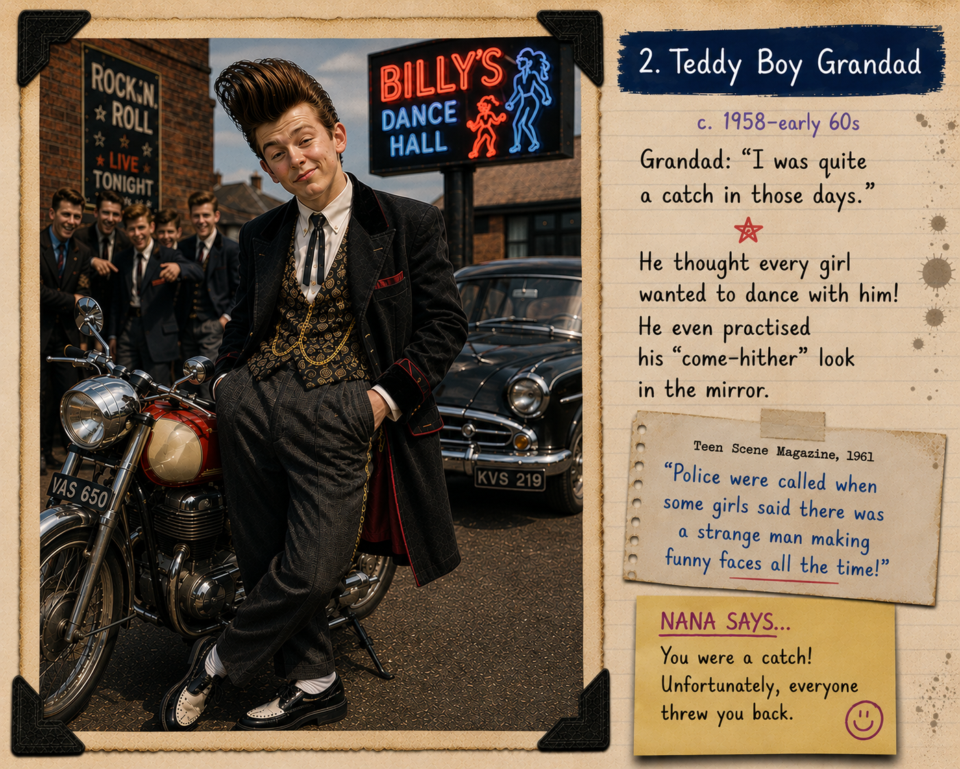 Teddy Boy Grandad beside a motorcycle outside a dance hall
