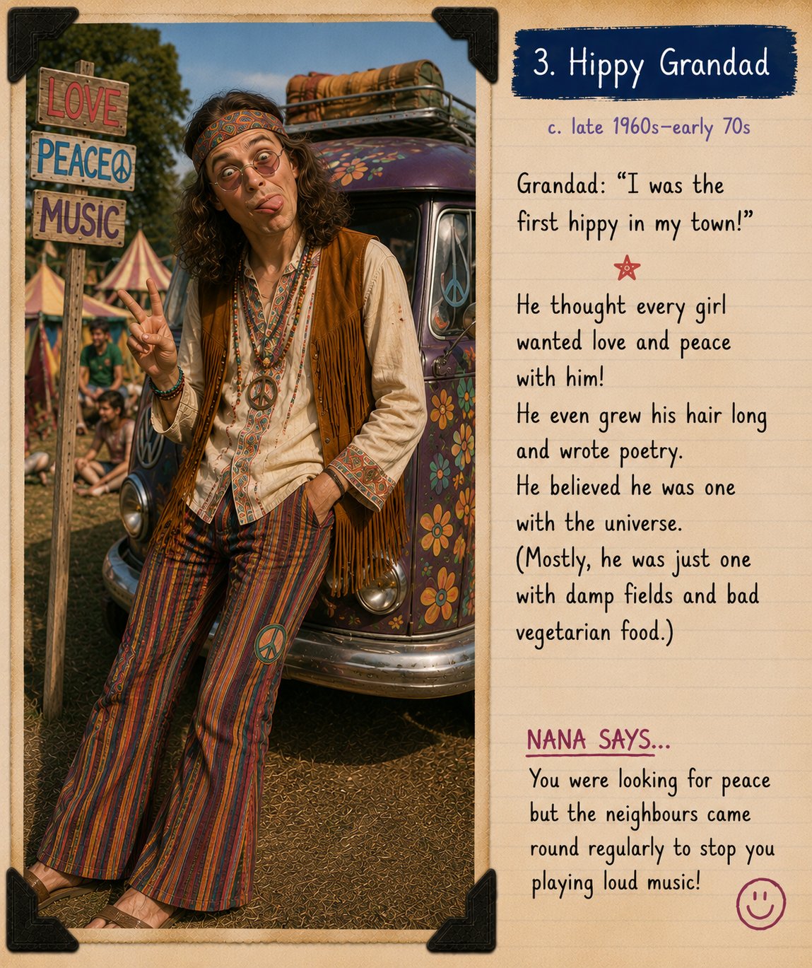 Hippy Grandad making a funny face beside a flower-painted van