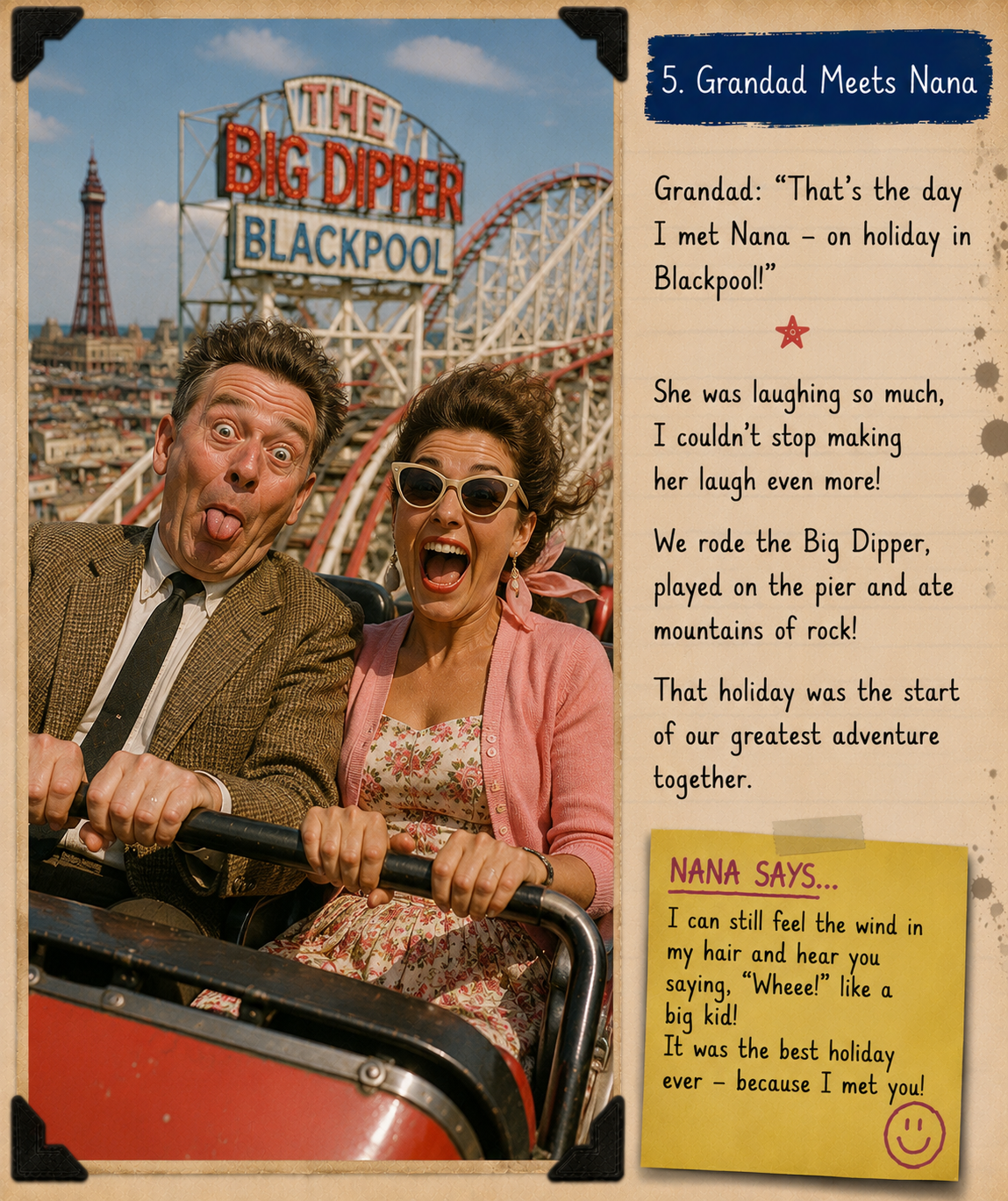 Grandad and Nana riding the Big Dipper in Blackpool