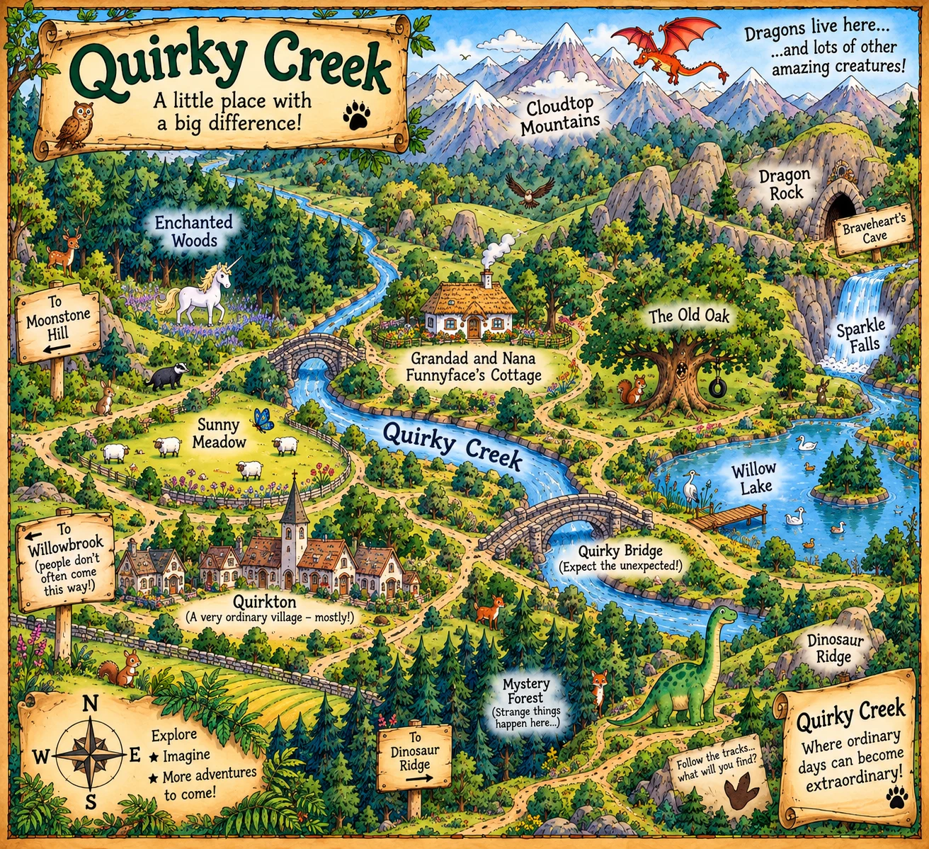 Steve Caley’s illustrated Quirky Creek map, used as the reference for this 3D model.